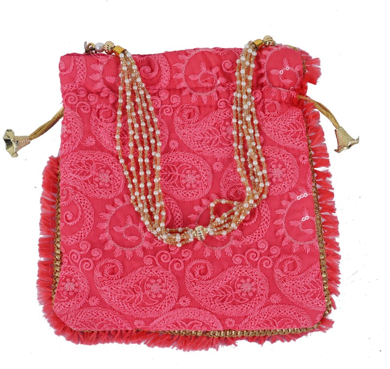 Indian Ethnic Designer Embroidered Silk Potli Bag Batwa Pearls Handle Purse Clutch Purse for Women