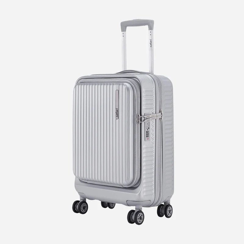 Safari SAFARI Small Cabin Suitcase (55 cm) 8 Wheels - Recoil Trolley Bag with Laptop Compartment, TSA Lock & Anti-Theft Zipper - Silver