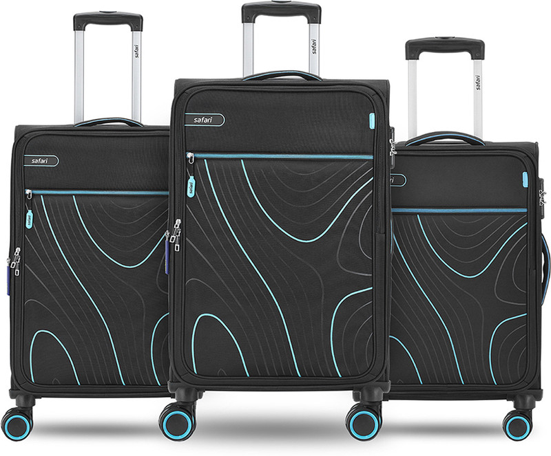 SAFARI Soft Body Set of 3 Luggage 8 Wheels - 8 Wheel, Trolley bag Set of 3 - Small, Medium & Large size, Black color, Contour - Black