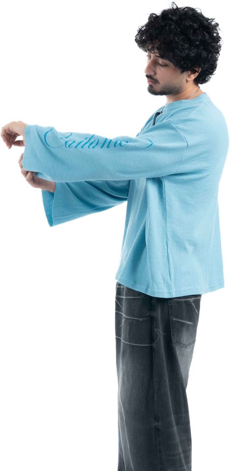 COITONIC Men Blue Mandarin Collar Cotton T-Shirt - Image 6