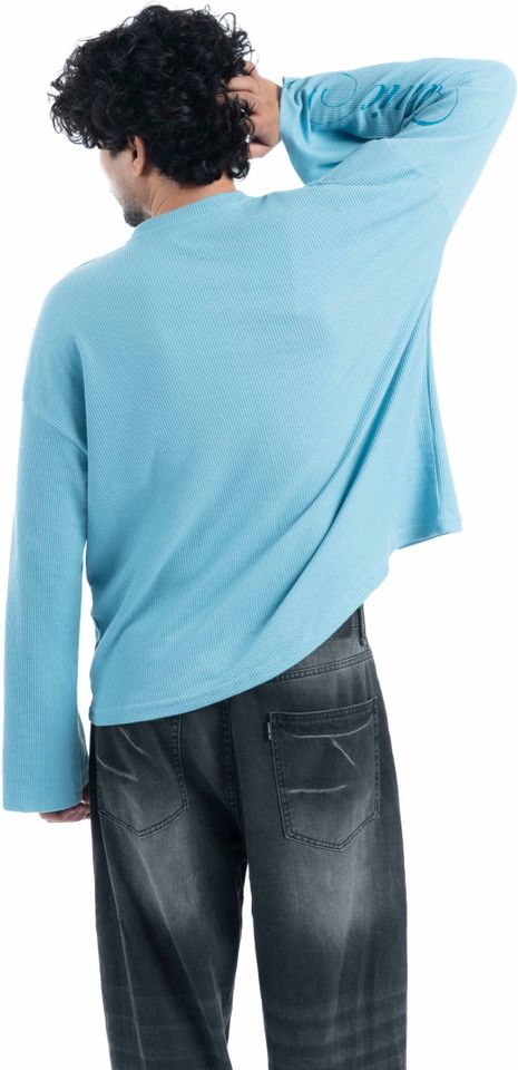 COITONIC Men Blue Mandarin Collar Cotton T-Shirt - Image 3