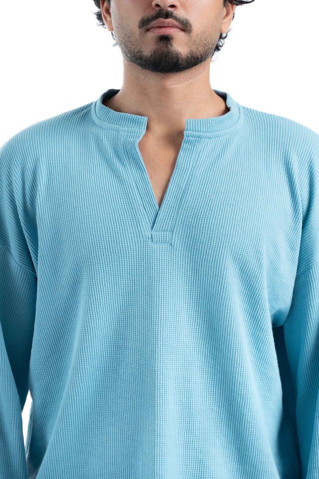 COITONIC Men Blue Mandarin Collar Cotton T-Shirt - Image 5
