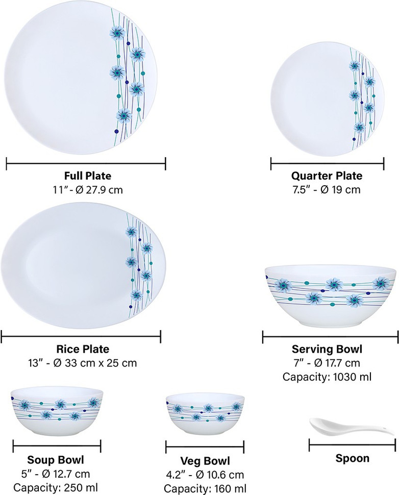 Larah by Borosil Pack of 33 Opalware Bluebell Dinner Set