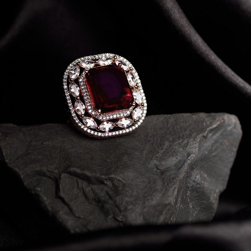 SARAF RS JEWELLERY Rose Gold Plated Red Ruby Studded Adjustable