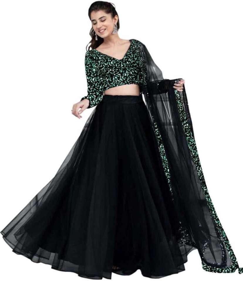 Women black semi stitched silk lehanga choli 