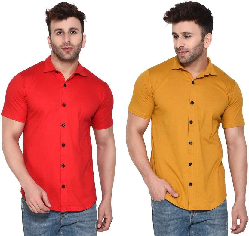 yellow shirt with red collar