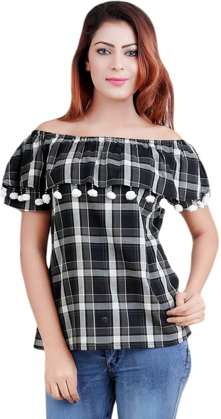 Anekaant Casual Cape Sleeves Checkered Women White, Black Top