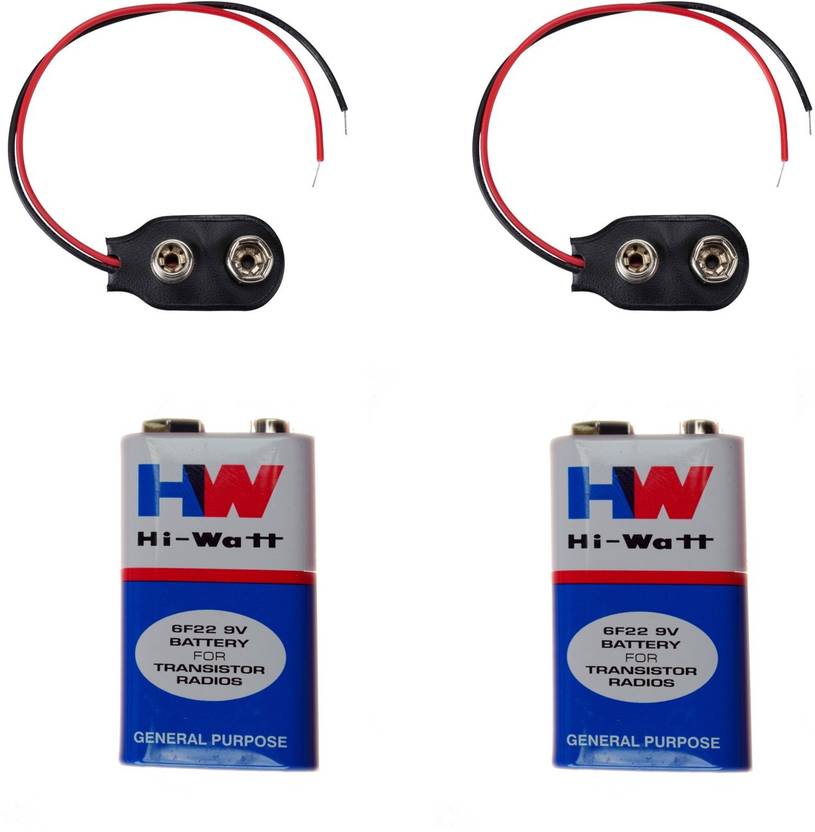 AMAKART 2 Pcs 9 VOLTS HW BATTERY with 2 Pc Connector, HIWATT 100 Original 9V Long Life Carbon