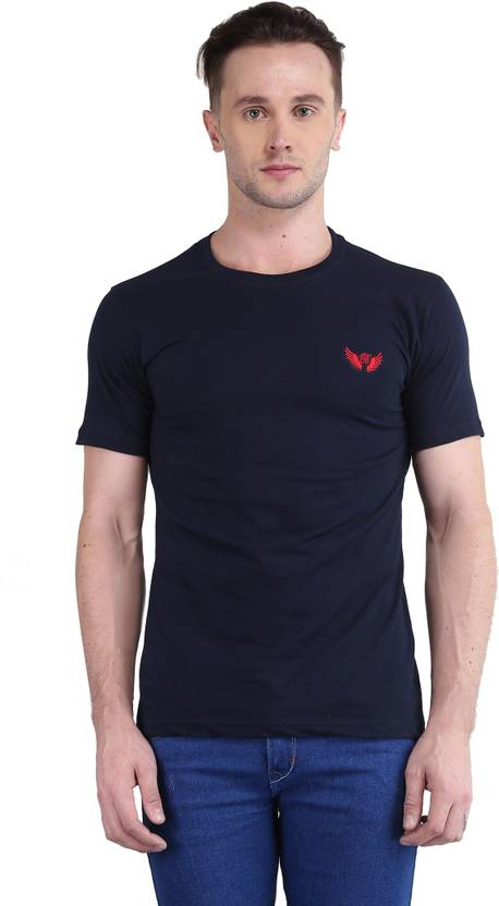 BRAVEZI Men Solid Round Neck Cotton Blend Dark Blue T-Shirt