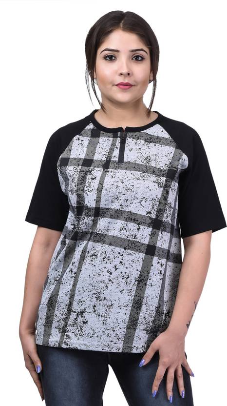 69GAL Women Printed Henley Neck Cotton Blend Multicolor T-Shirt