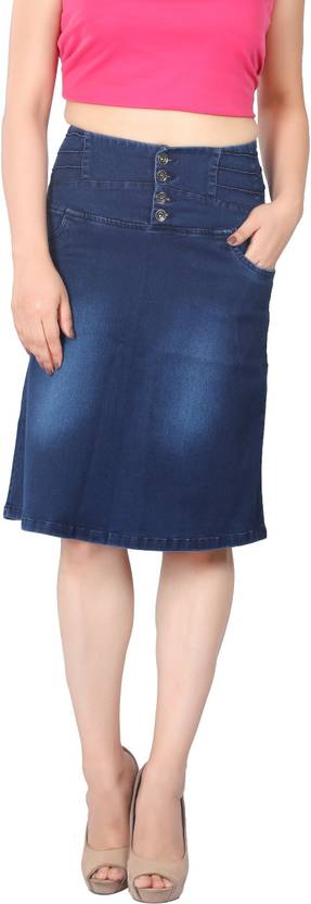 Women Solid Pencil Blue Skirt