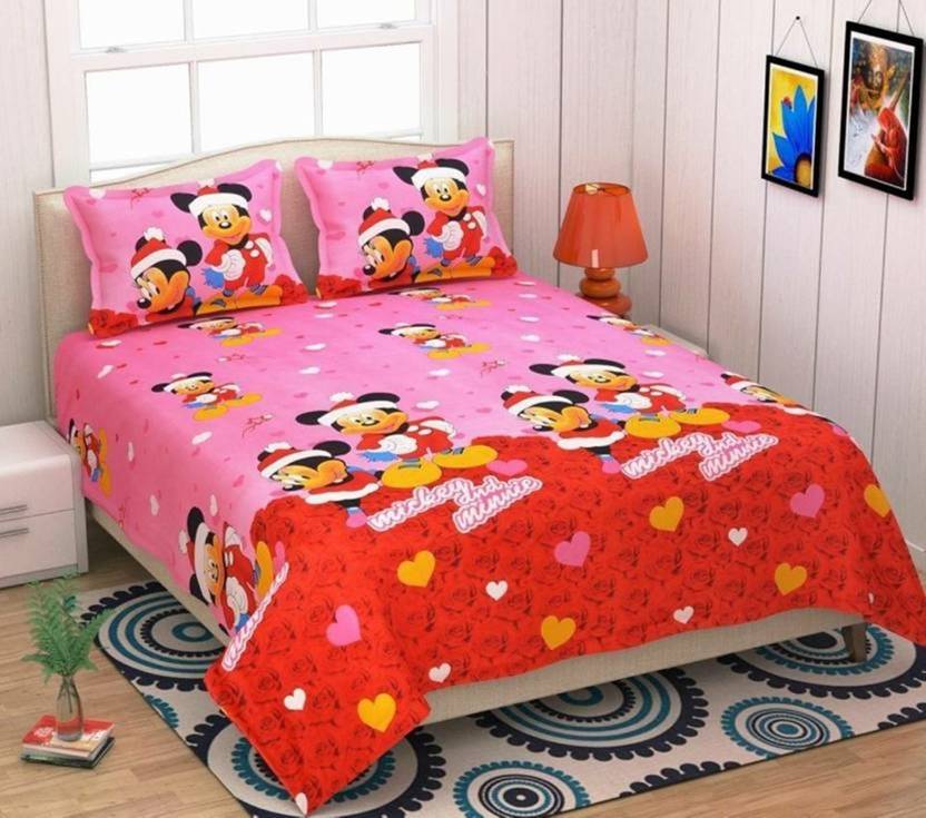 Anticca Polycotton Double Flat 120 TC Cartoon 1 Bedsheet with 2 Pillow Covers