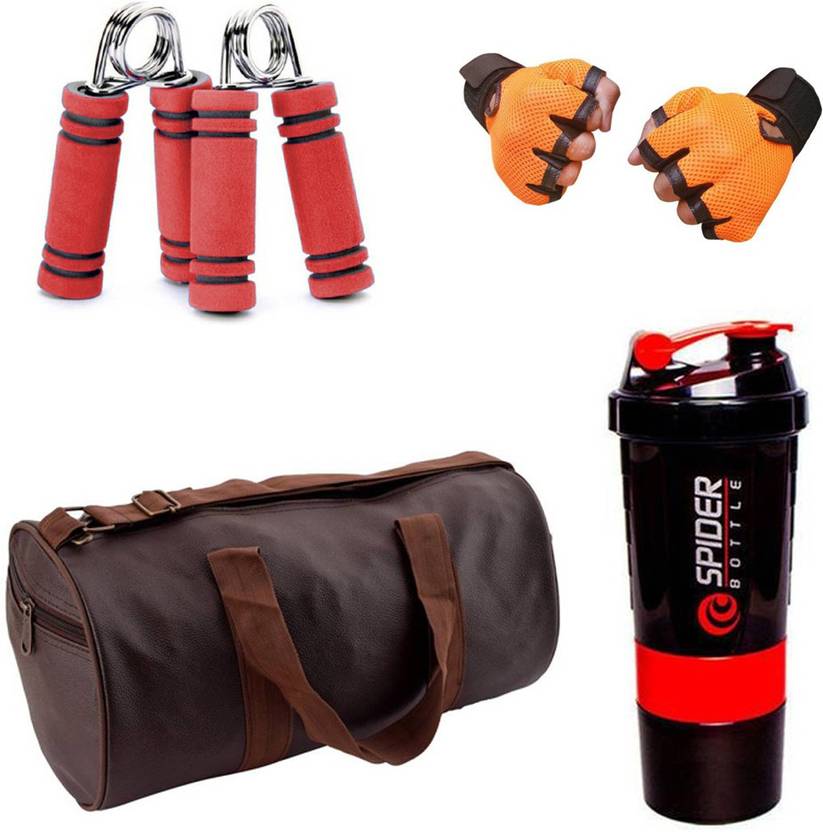 Rocket Sales Combo Of Leatherite (Brown) Gym Bag, Gloves (Orange