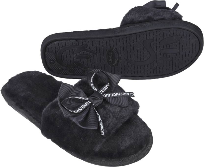 Fur Black Comfortable Indoor & Outdoor Slippers |Womens Flipflop |Womens Fancy Slippers |Girls Slippers flip Flop Slides  (Black 4.5)