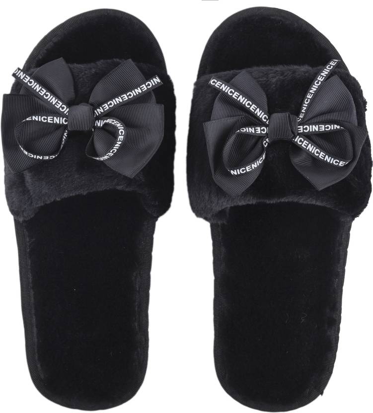 Fur Black Comfortable Indoor & Outdoor Slippers |Womens Flipflop |Womens Fancy Slippers |Girls Slippers flip Flop Slides  (Black 4.5)