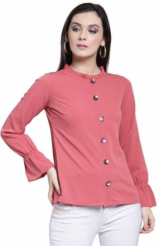 PLUSS Casual Ruffled Sleeves Solid Women Pink Top