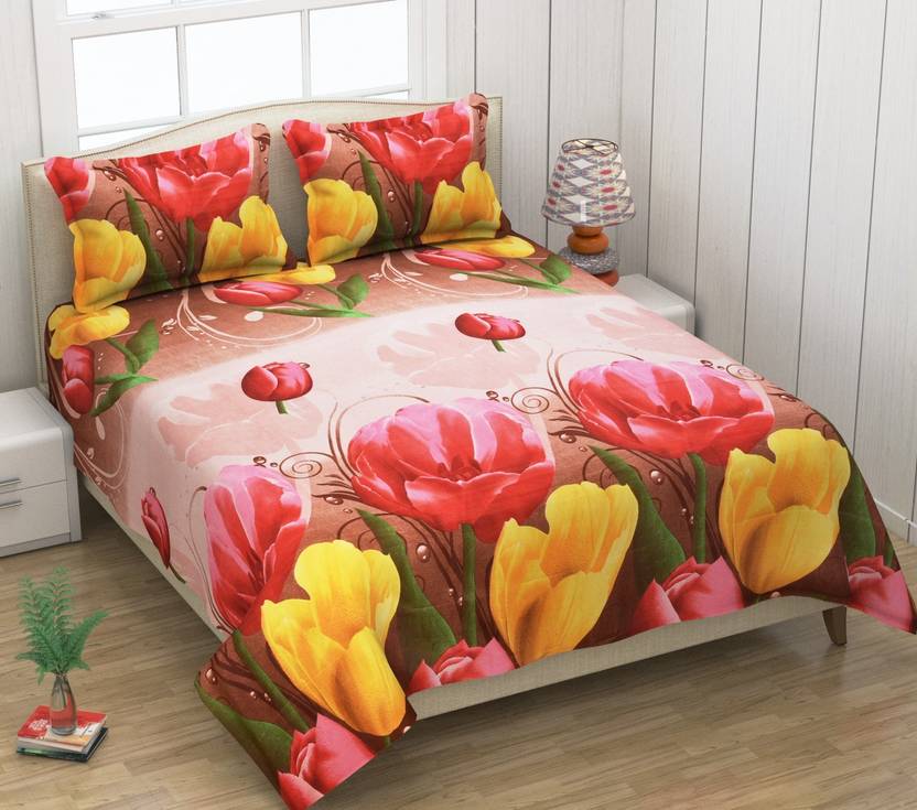 Anticca Polycotton Double Flat 144 TC Floral 1 Bedsheet with 2 Pillow Covers