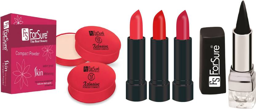 ForSure Compact Powder Xclusive 12 Hour Stay, Kajal and Pack of 3 Forfor Matte Lipstick (Colour - Beige, Red, Red)