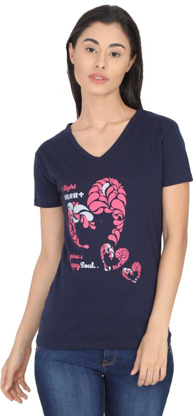 Fleximaa Printed Women V Neck Blue T-Shirt