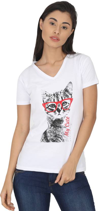 Fleximaa Printed Women V Neck White T-Shirt
