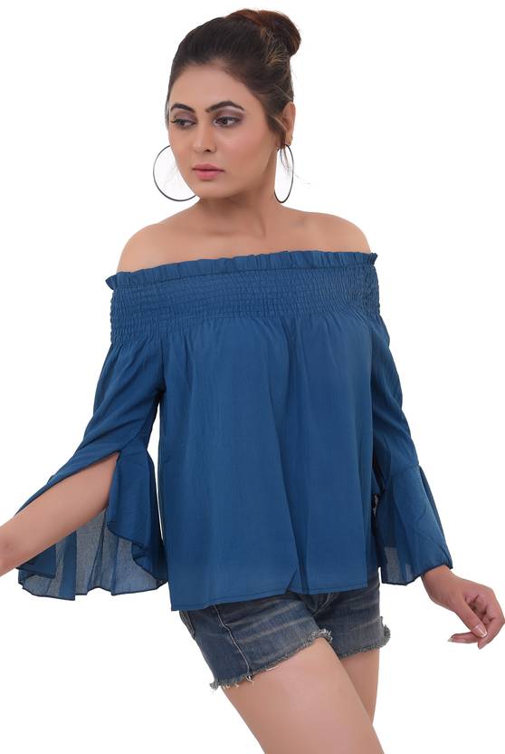 Casual Slit Sleeves Solid Women Blue Top