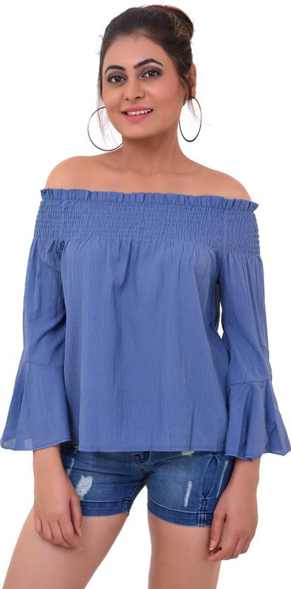 Casual Slit Sleeves Solid Women Blue Top
