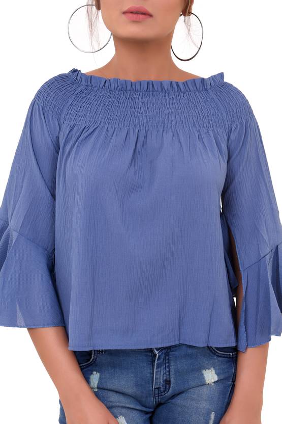 Casual Slit Sleeves Solid Women Blue Top