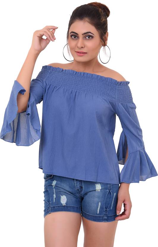 Casual Slit Sleeves Solid Women Blue Top
