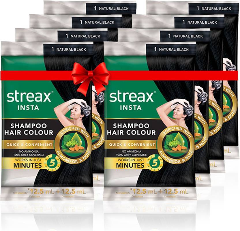 Streax Insta Shampoo Hair ColourNatural Black(Pack of 8) , Natural
