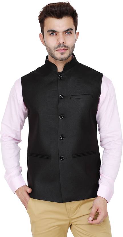 Badoliyasons Jute Black Solid Nehru Jacket Men Self Design Nehru Jacket