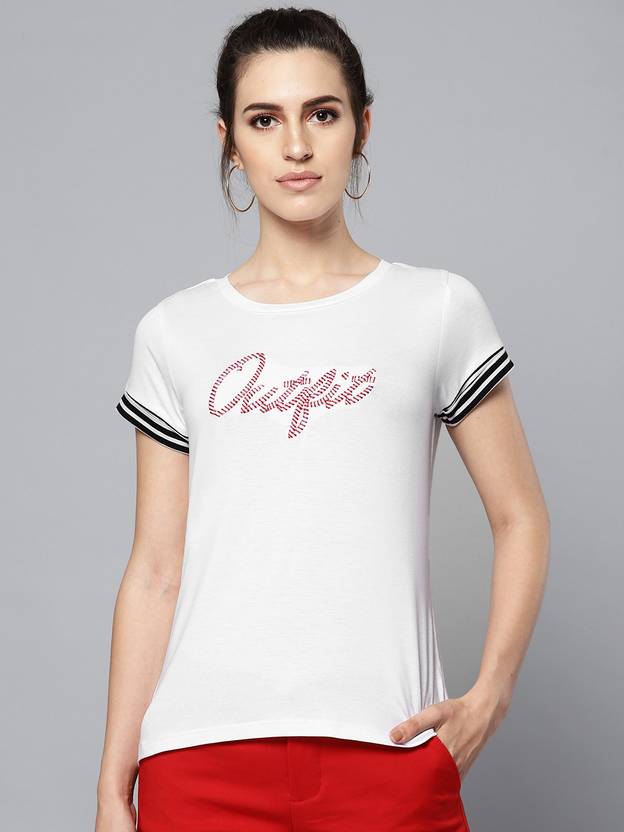 STREET9 Women Printed Round Neck Viscose Rayon White T-Shirt