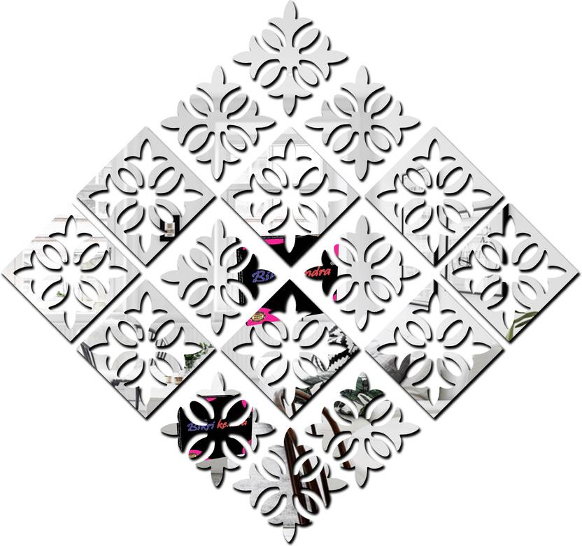Bikri Kendra 100 cm Beautiful pattern silver (pack of 16) - 3D acrylic Decorative mirror wall stickers Self Adhesive Sticker