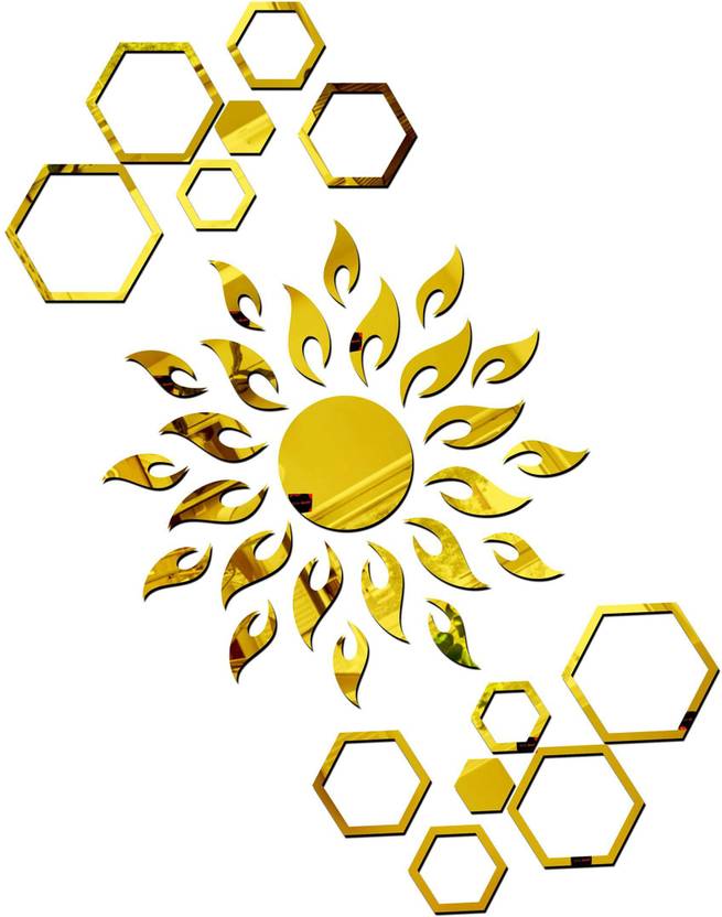 Bikri Kendra 100 cm sun golden with hexagon rings golden 2 set - wall stickers Self Adhesive Sticker