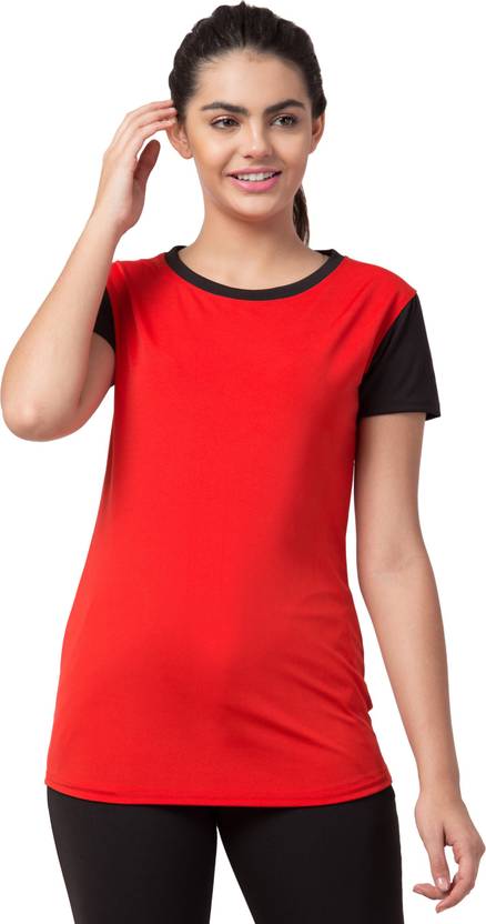 Bluecon Women Colorblock Round Neck Polyester Red T-Shirt