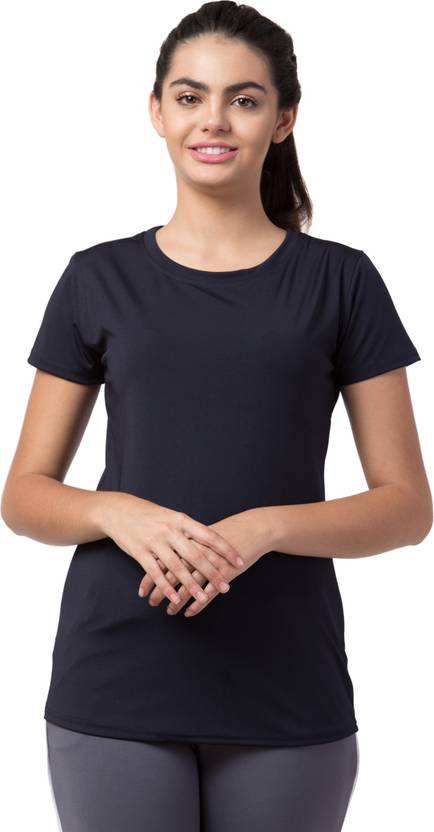 Bluecon Women Solid Round Neck Polyester Dark Blue T-Shirt