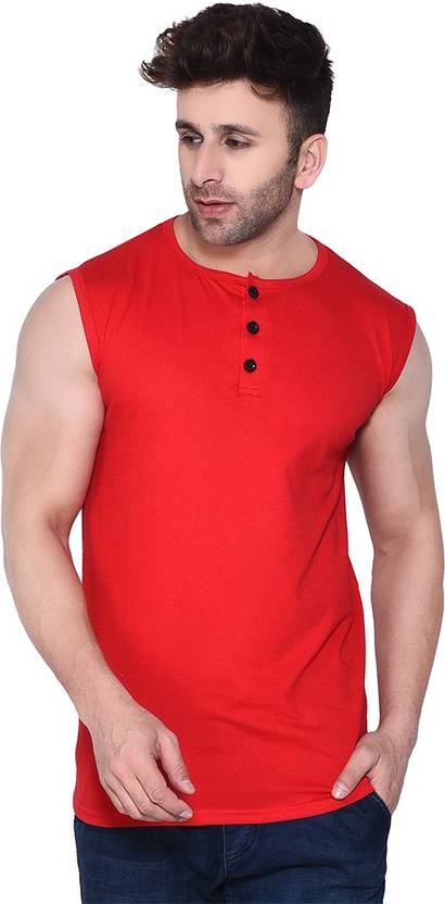 Money Leaf Faizan Men Solid Henley Neck Cotton Blend Red T-Shirt