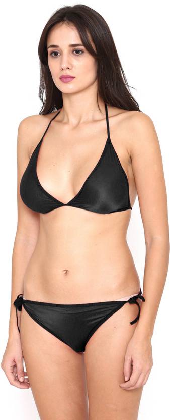BROIDEN Bra & Panty Set Solid Black Lingerie Set