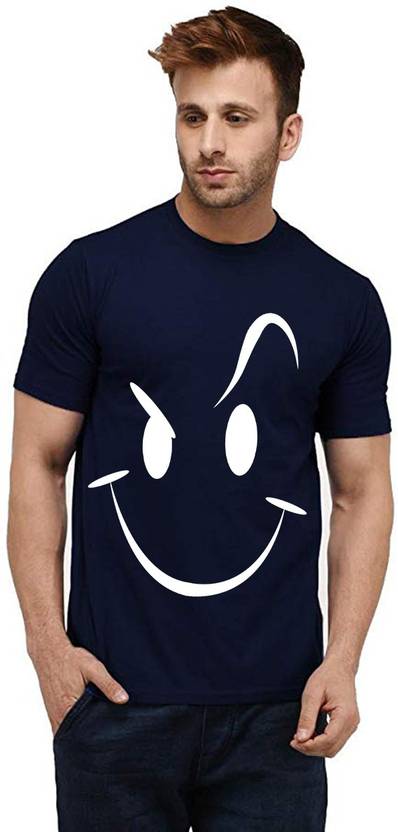 Aseria Smiley Stroke Men Printed Round Neck Pure Cotton Dark Blue T-Shirt