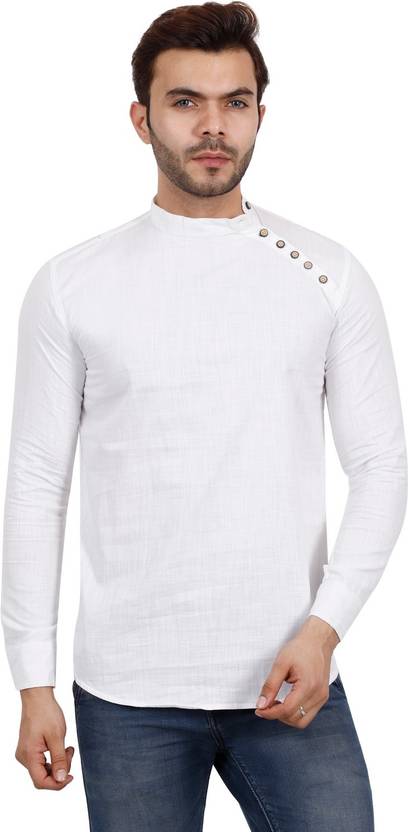 F2M Men Slim Fit Self Design, Solid Mandarin Collar Casual Shirt
