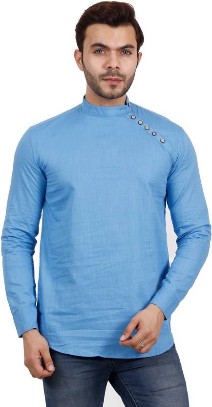 F2M Men Slim Fit Self Design, Solid Mandarin Collar Casual Shirt