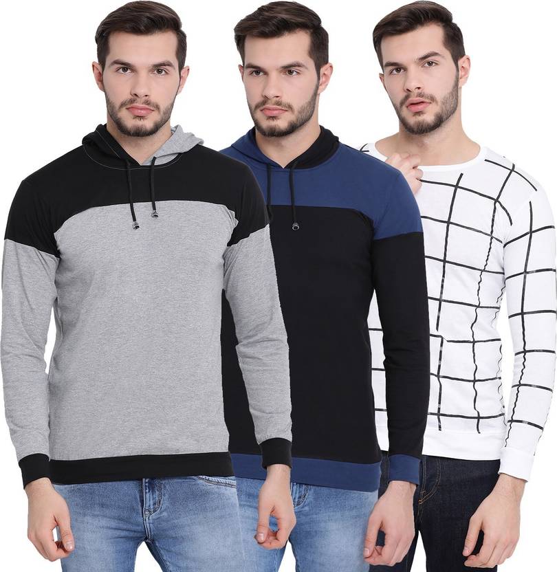 [Sizes M, L] VIMAL JONNEY Pack of 3 Men Colorblock Hooded Neck Cotton Blend Multicolor T-Shirt