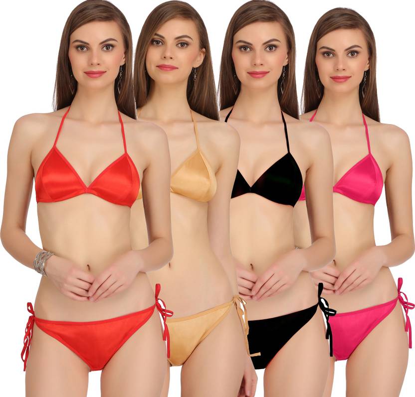 Bra & Panty Set Self Design Red, Gold, Black, Pink Lingerie Set