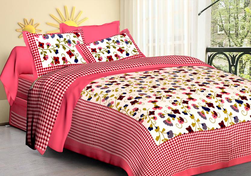 Aranatha Enterprises Cotton Queen Flat 144 TC Printed 1 Bedsheet with 2 Pillow Covers