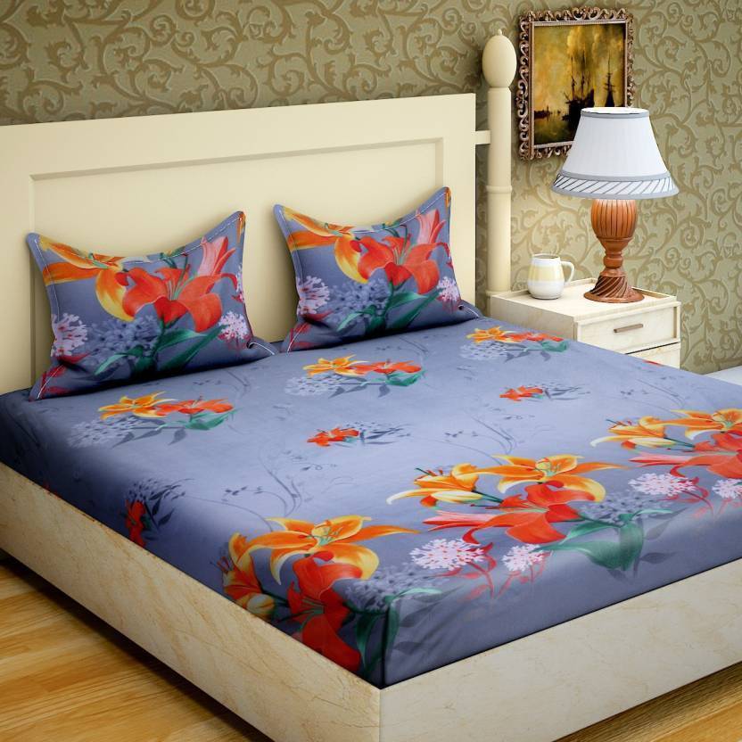 Anticca Polycotton Double Flat 120 TC Floral 1 Bedsheet with 2 Pillow Covers
