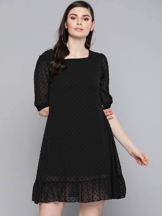 SASSAFRAS Women Fit and Flare Black Above Knee/Mid Thigh Length Dress