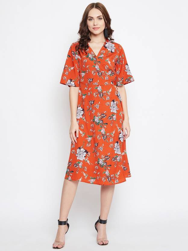 PURYS Women Wrap Orange Below Knee Dress