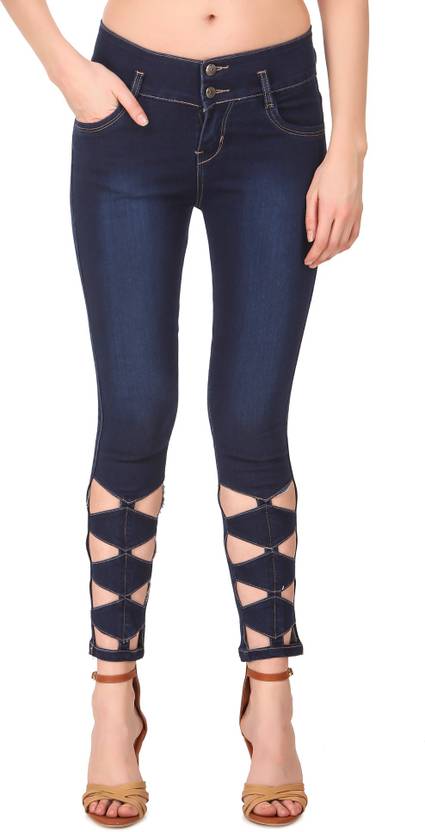 Women Skinny Mid Rise Dark Blue Jeans
