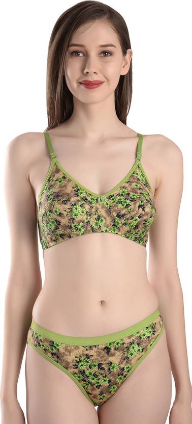 FIMS Bra & Panty Set Floral Print Green Lingerie Set