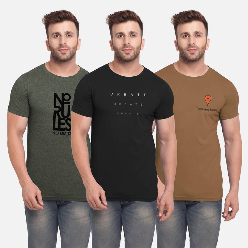 [Sizes L, XL, XXL] Bullmer Pack of 3 Men Printed Round Neck Pure Cotton Multicolor T-Shirt
