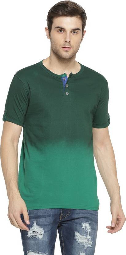 CAHOOT Men Self Design, Printed Henley Neck Cotton Blend Green T-Shirt